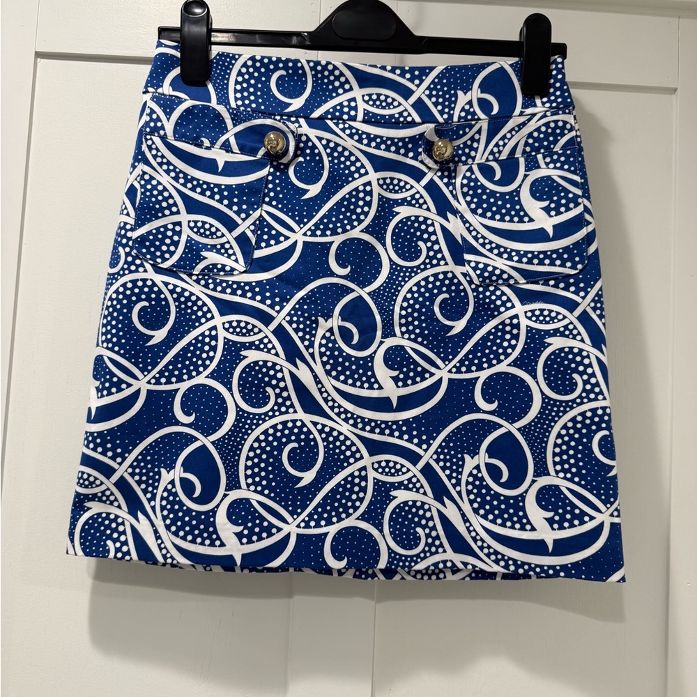 Melly M Blue and White Scroll-Print Mini Skirt